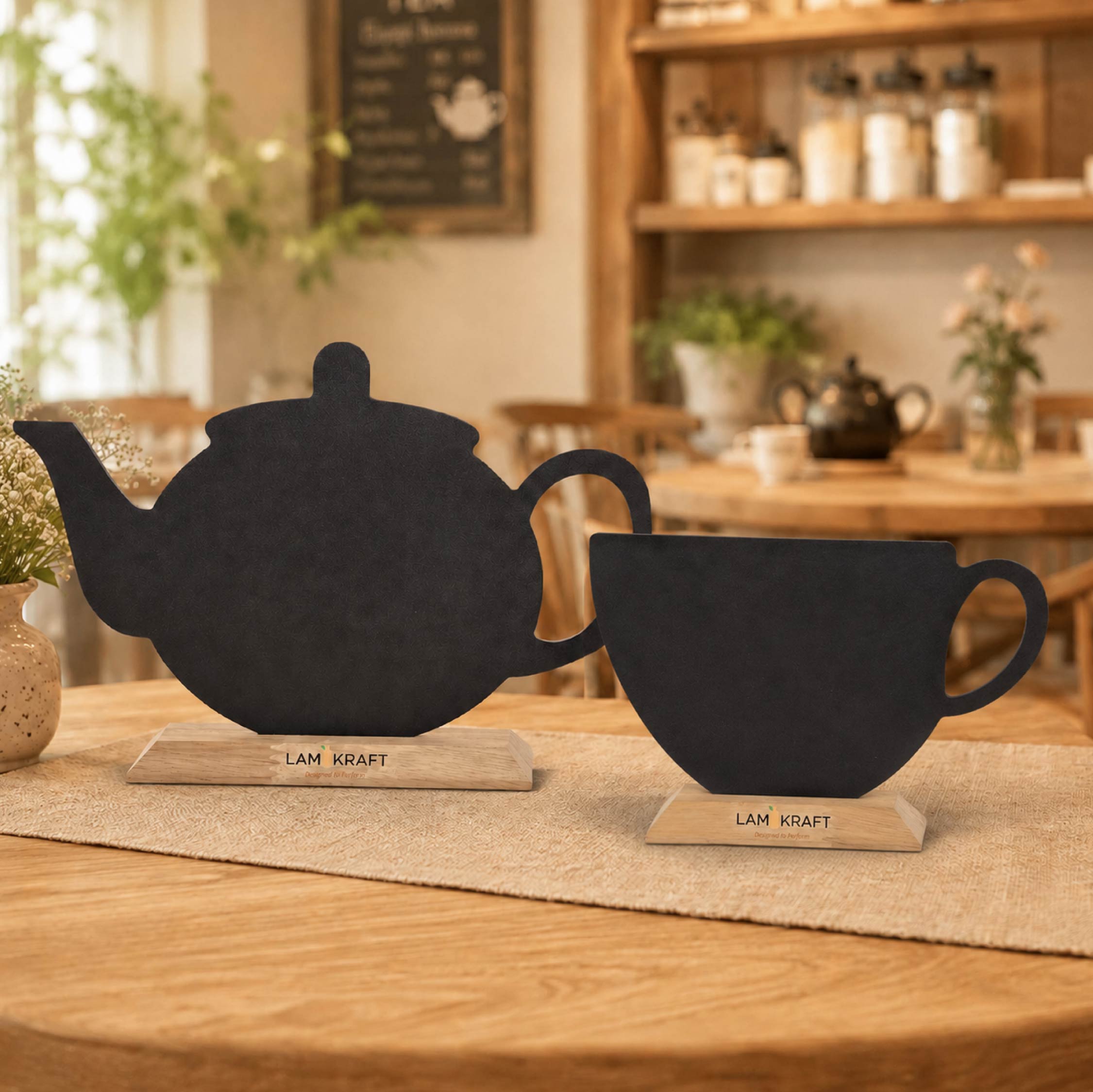 Lamikraft Table Top Menu Board with Wooden Stand - Set of 2 | Teapot & Coffee Cup | HPL Chalk Writing Board